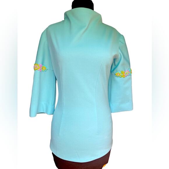 Vtg 70s Blue High Neck Modest Boho Coquette Colorful Floral Embroidered Blouse - Picture 2 of 5